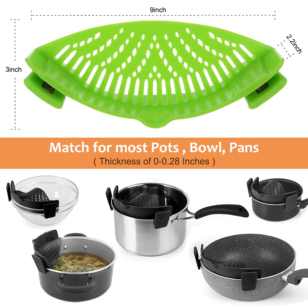 YEVIOR Clip on Strainer for Pots Pan Pasta,Silicone Food Pan Strainer | Food-grade BPA-free,Kitchen Food Strainer for Spaghetti, Pasta,Vegetable Fruits Fits All Bowls and Pots (Green)