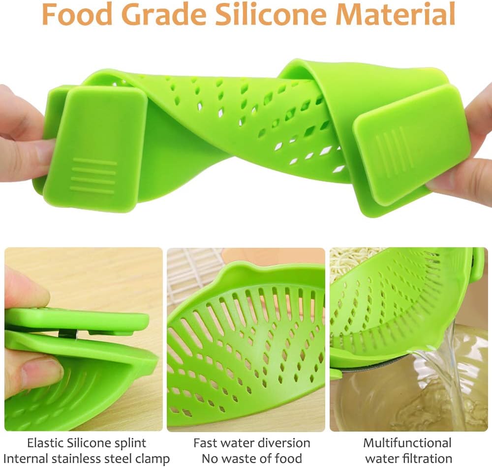 YEVIOR Clip on Strainer for Pots Pan Pasta,Silicone Food Pan Strainer | Food-grade BPA-free,Kitchen Food Strainer for Spaghetti, Pasta,Vegetable Fruits Fits All Bowls and Pots (Green)