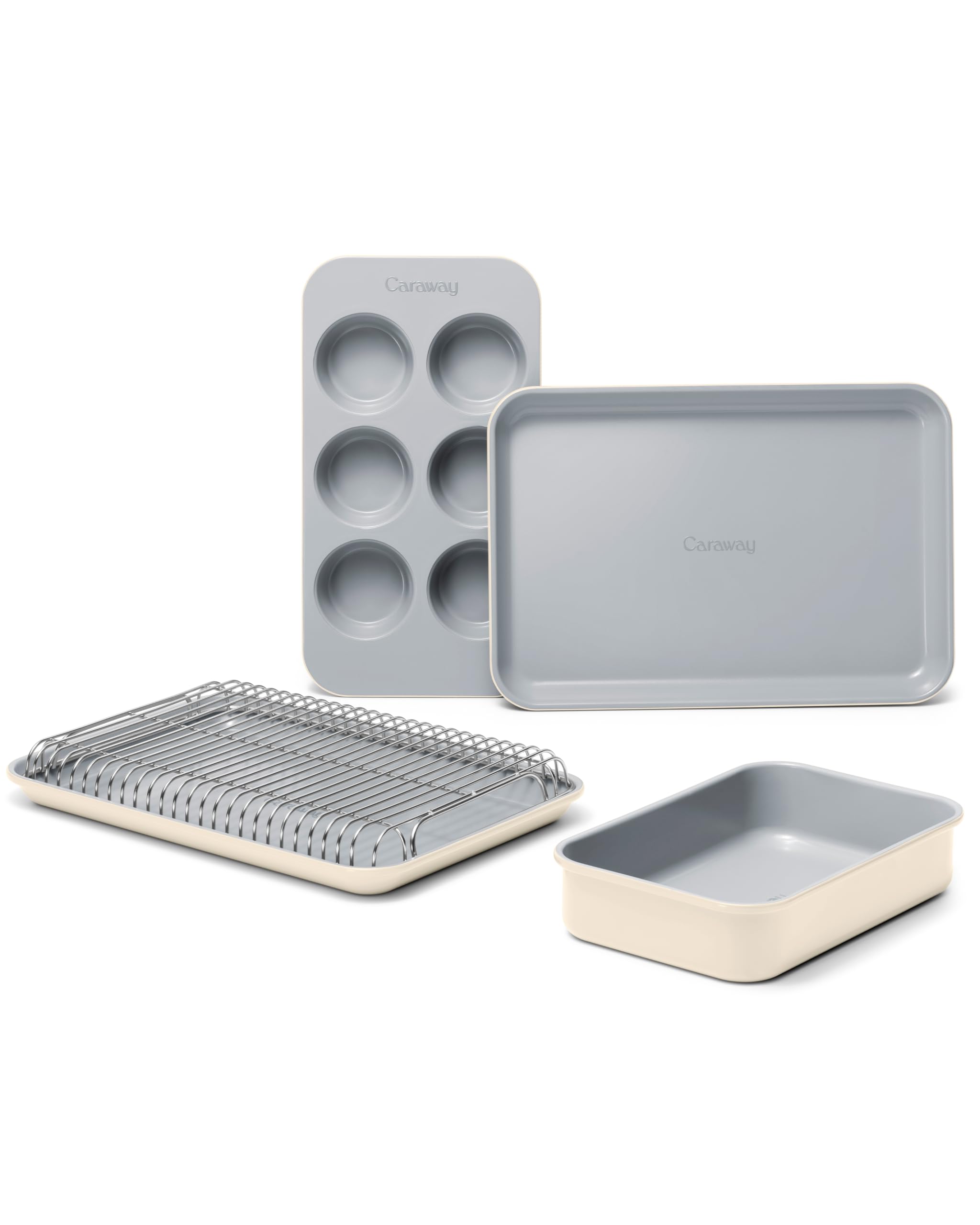 Caraway Mini Bakeware Set – Naturally Non-Stick, Non-Toxic Ceramic Coating – Compact Baking Pans Set for Small Kitchens & Ovens – Includes Baking Sheets, Muffin Pan, Cooling Rack & Storage - Cream