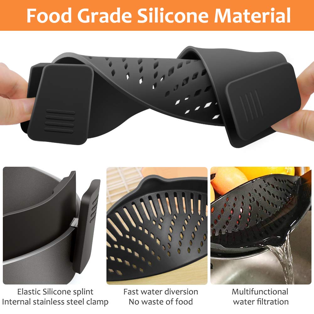 YEVIOR Clip on Strainer for Pots Pan Pasta,Silicone Food Pan Strainer | Food-grade BPA-free,Kitchen Food Strainer for Spaghetti, Pasta,Vegetable Fruits Fits All Bowls and Pots (Green)