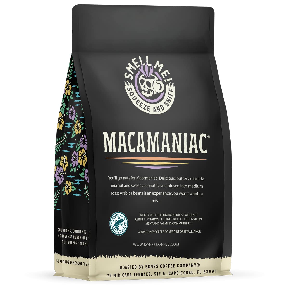 Bones Coffee Company Highland Grog, Butterscotch Caramel Flavored Coffee, Medium Roast Low Acid Arabica Beans Compatible with Auto drip and French Press Coffee Maker, 12 Oz Ground