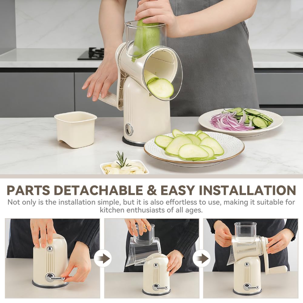 KEOUKE Rotary Cheese Grater 5 in 1 White - Hand Crank Vegetable Cutter, Shredder, Slicer, Enlarge Input, Suction Base, Labor-Saving Handle, Blade Storage Box, for Onion, Potato, Vegetable, Nuts, etc