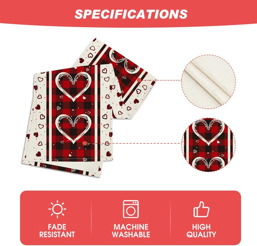 Artoid Mode Buffalo Plaid Love Hearts Valentine's Day Table Runner, Seasonal Kitchen Dining Table Decoration for Indoor Home Party 13x72 Inch