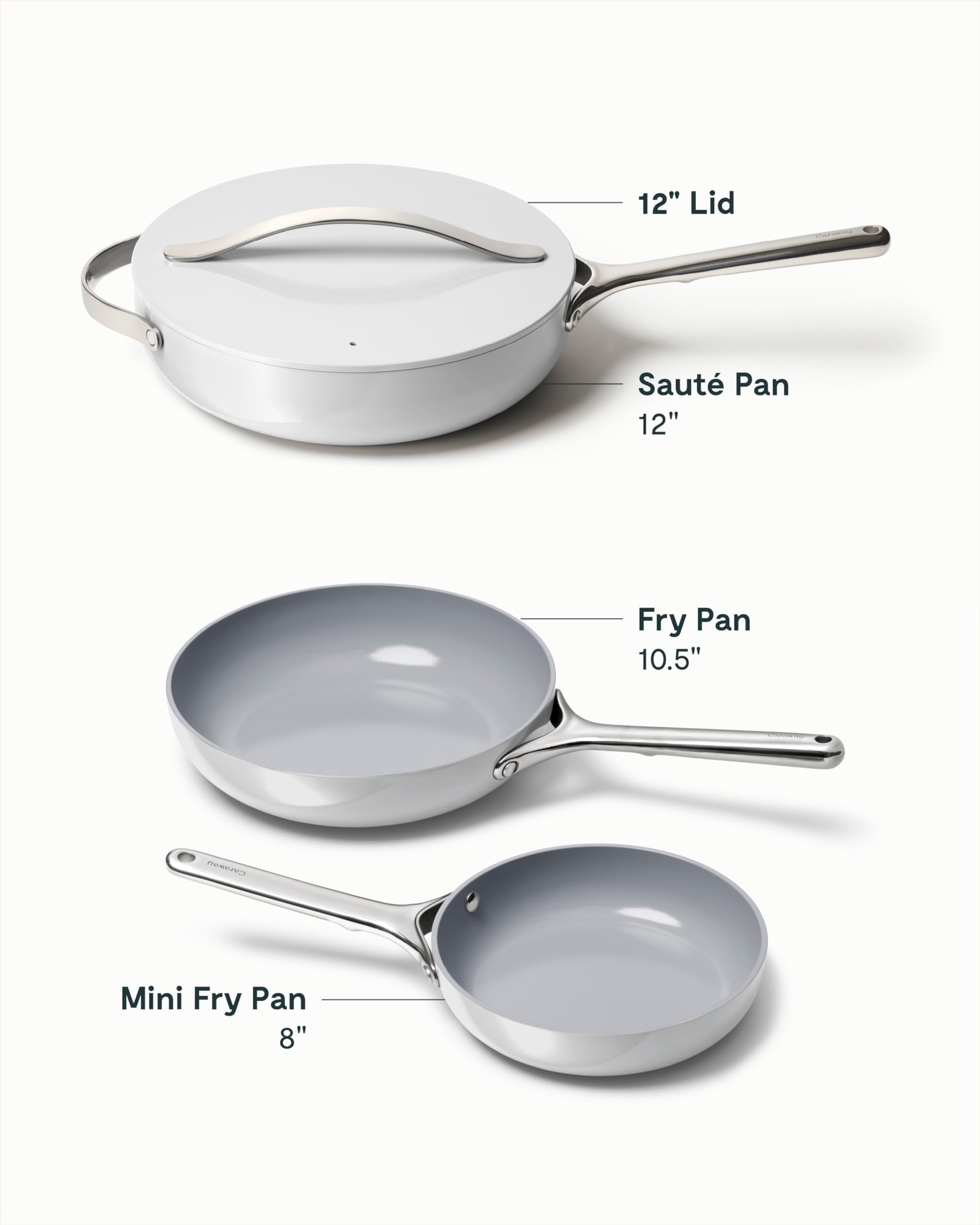 Caraway 4-Piece Fry Pan Set - Non-Stick Frying Pans (10.5” & 8”) & Non-Stick Sauté Pan - Non Toxic, PTFE & PFOA Free - Oven Safe & Compatible with All Stovetops (Gas, Electric & Induction) - Cream