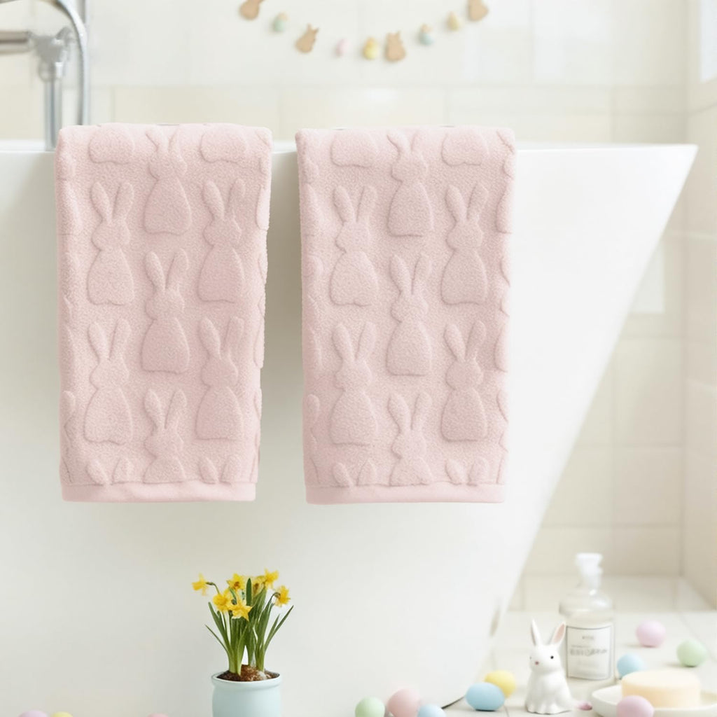 Artoid Mode 2 Pcs Beige 3D Rabbit Jacquard Easter Hand Towels for Bathroom, 100% Cotton Soft Absorbent Bathroom Decor Towels, 13.7 x 29.5 Inch