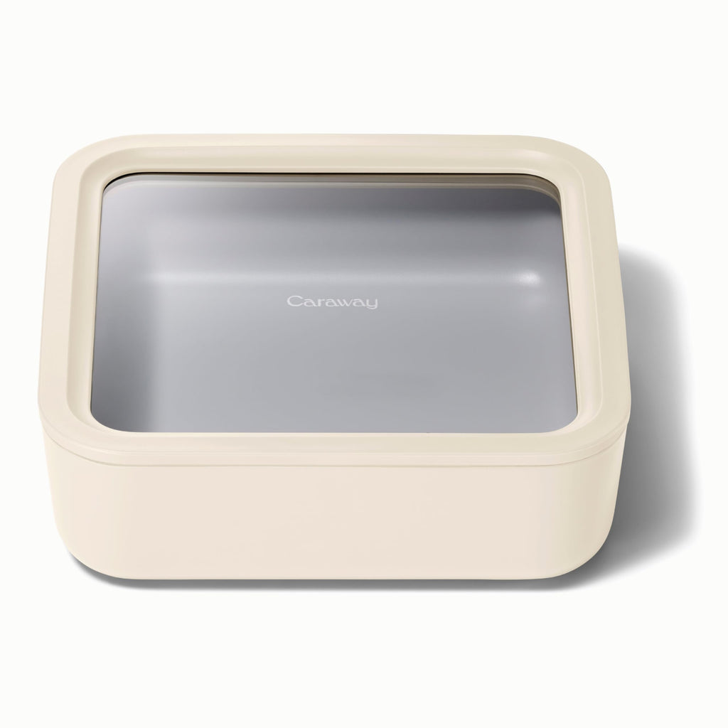 Caraway Glass Food Storage - 6.6 Cup Glass Container - Ceramic Coated Food Container - Non Stick Lunch Box Container with Lids - Dishwasher, Oven, & Microwave Safe - Cream