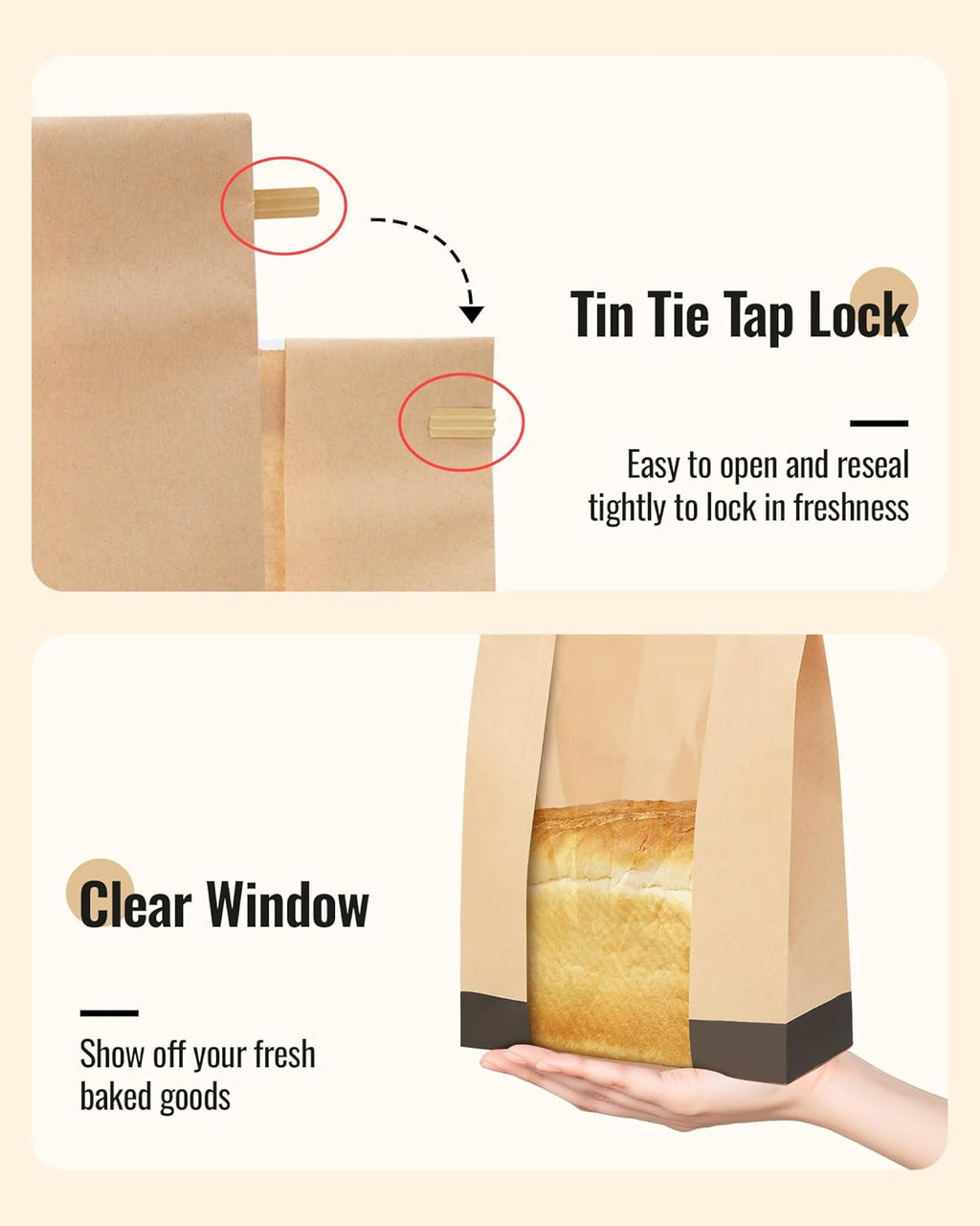 100Pcs Paper Bread Bags for Homemade Bread, 14 x 8.3 x 3.5 Inch Sourdough Bags with Tin Tie Tab Lock, Large Bread Storage Bags, Includes 126 Cute Seal Stickers