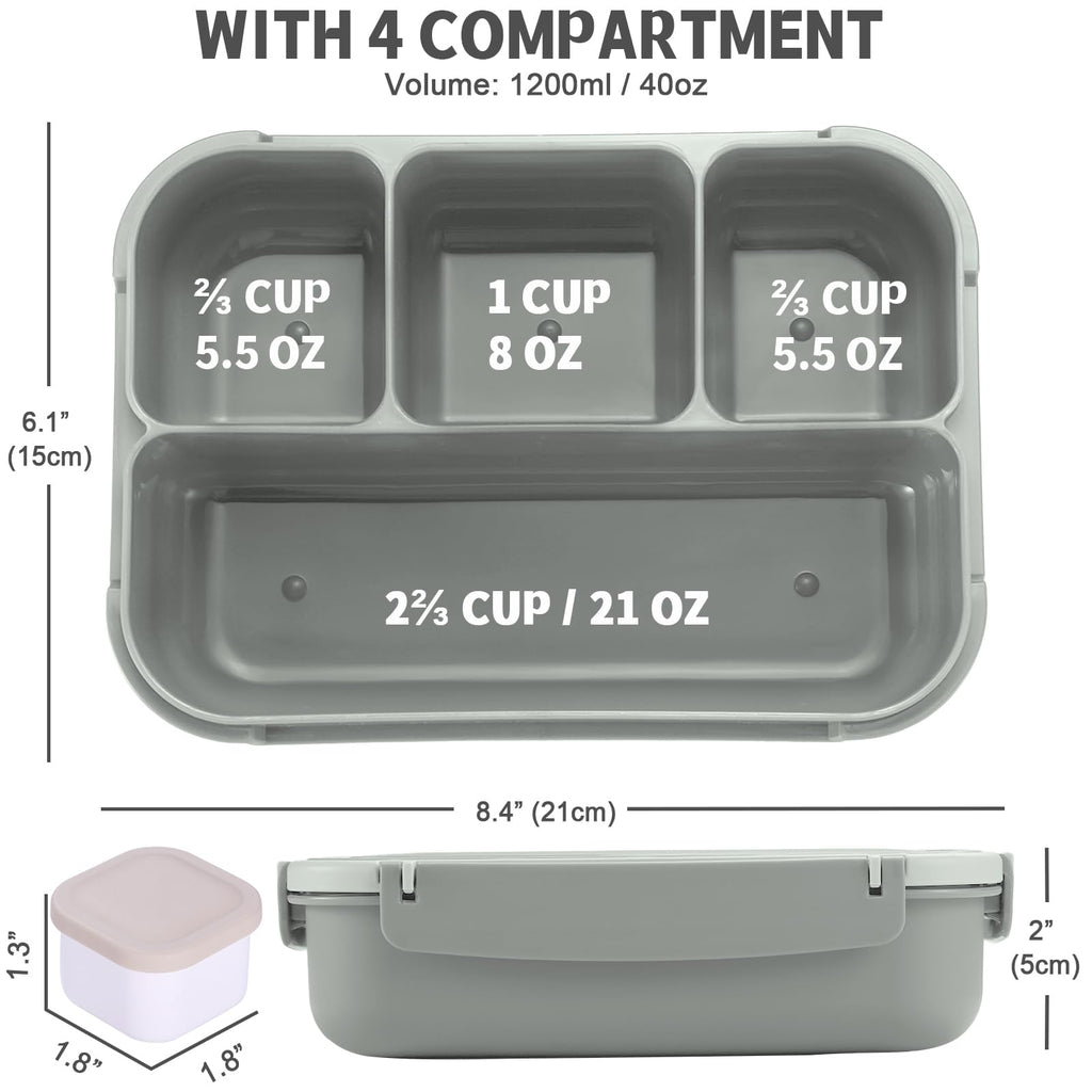 Bento Box Adult Lunch Box, Containers for Adults Men Women with 4 Compartments, Lunchable Food Container with Utensils, Sauce Jar, Muffin Liners, 40 Oz/5 Cup, Microwave & Dishwasher Safe, Brown