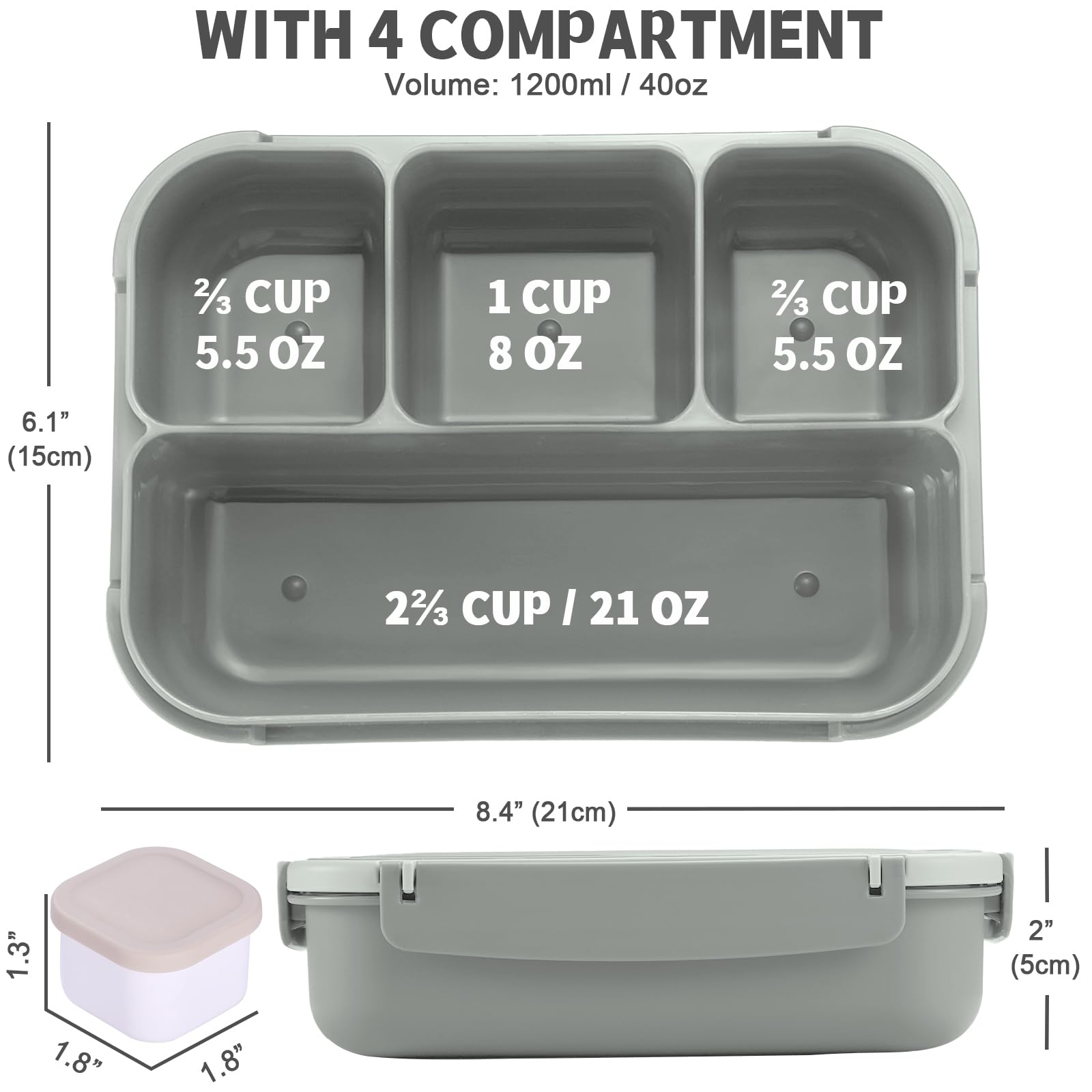 Bento Box Adult Lunch Box, Containers for Adults Men Women with 4 Compartments, Lunchable Food Container with Utensils, Sauce Jar, Muffin Liners, 40 Oz/5 Cup, Microwave & Dishwasher Safe, Brown