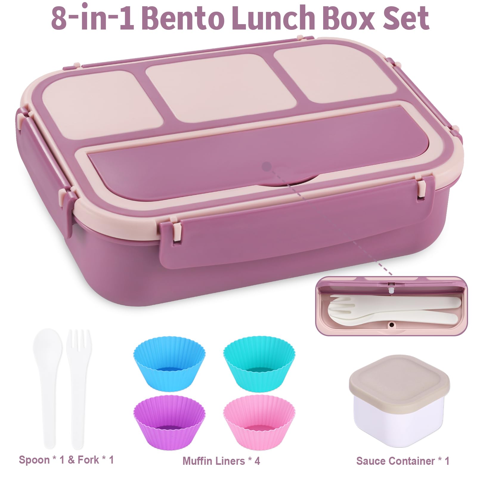 Bento Box Adult Lunch Box, Containers for Adults Men Women with 4 Compartments, Lunchable Food Container with Utensils, Sauce Jar, Muffin Liners, 40 Oz/5 Cup, Microwave & Dishwasher Safe, Brown