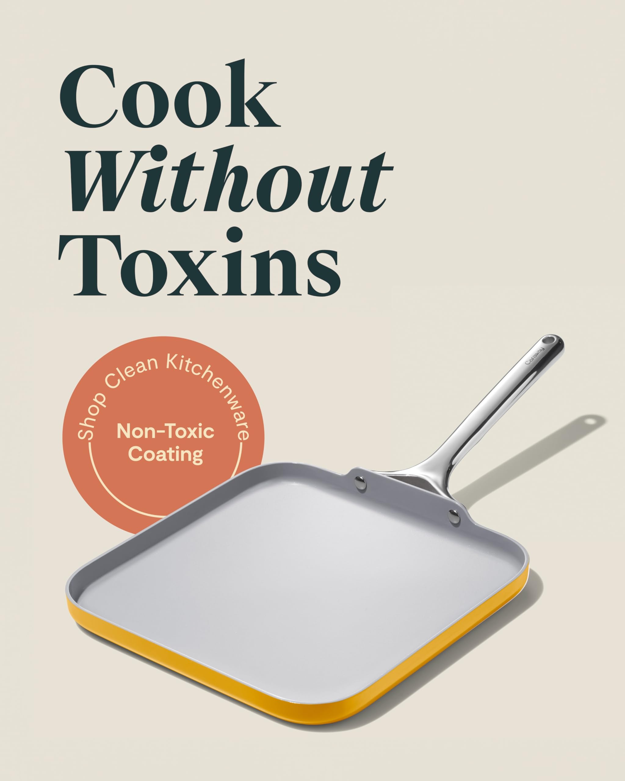 Caraway Square Griddle Pan - 11” Square Pan - Non-Stick Ceramic Coated - Non Toxic, PTFE & PFOA Free - Oven Safe & Compatible with All Stovetops - Gray
