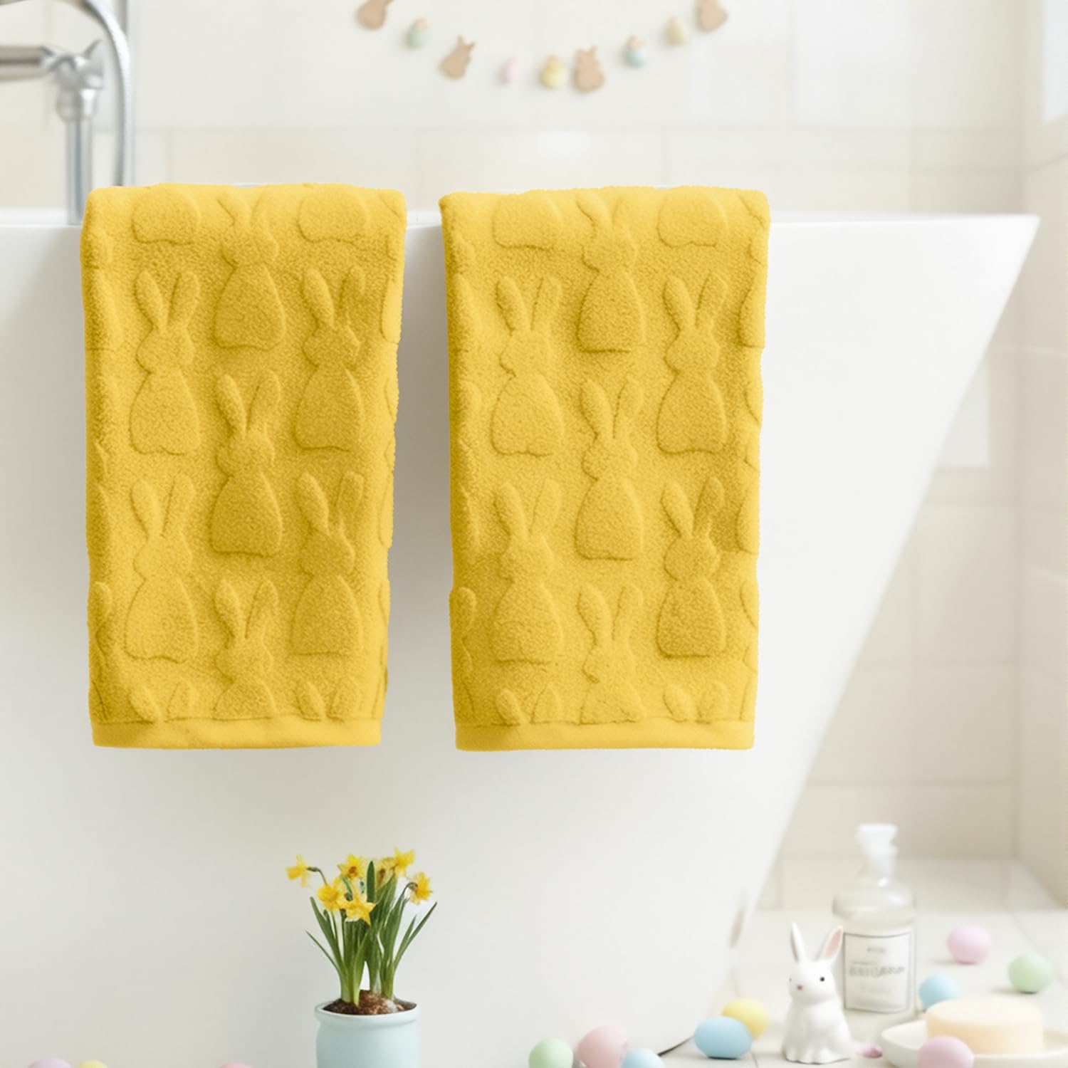 Artoid Mode 2 Pcs Beige 3D Rabbit Jacquard Easter Hand Towels for Bathroom, 100% Cotton Soft Absorbent Bathroom Decor Towels, 13.7 x 29.5 Inch