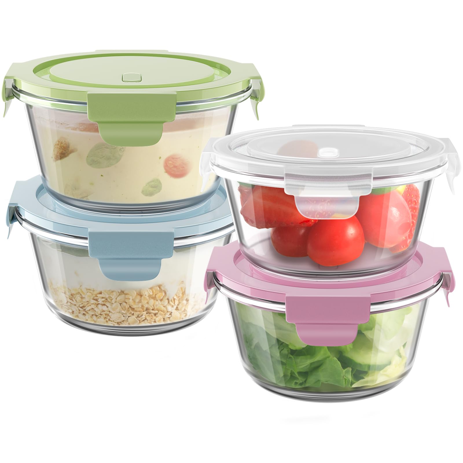 16oz Glass Meal Prep Containers, Airtight 2 Cup Glass Storage Containers with Lids, Heat-Resistant BPA-Free Borosilicate Glass Soup Container for Leftover, Microwave, Dishwasher&Freezer Safe (4 Packs)