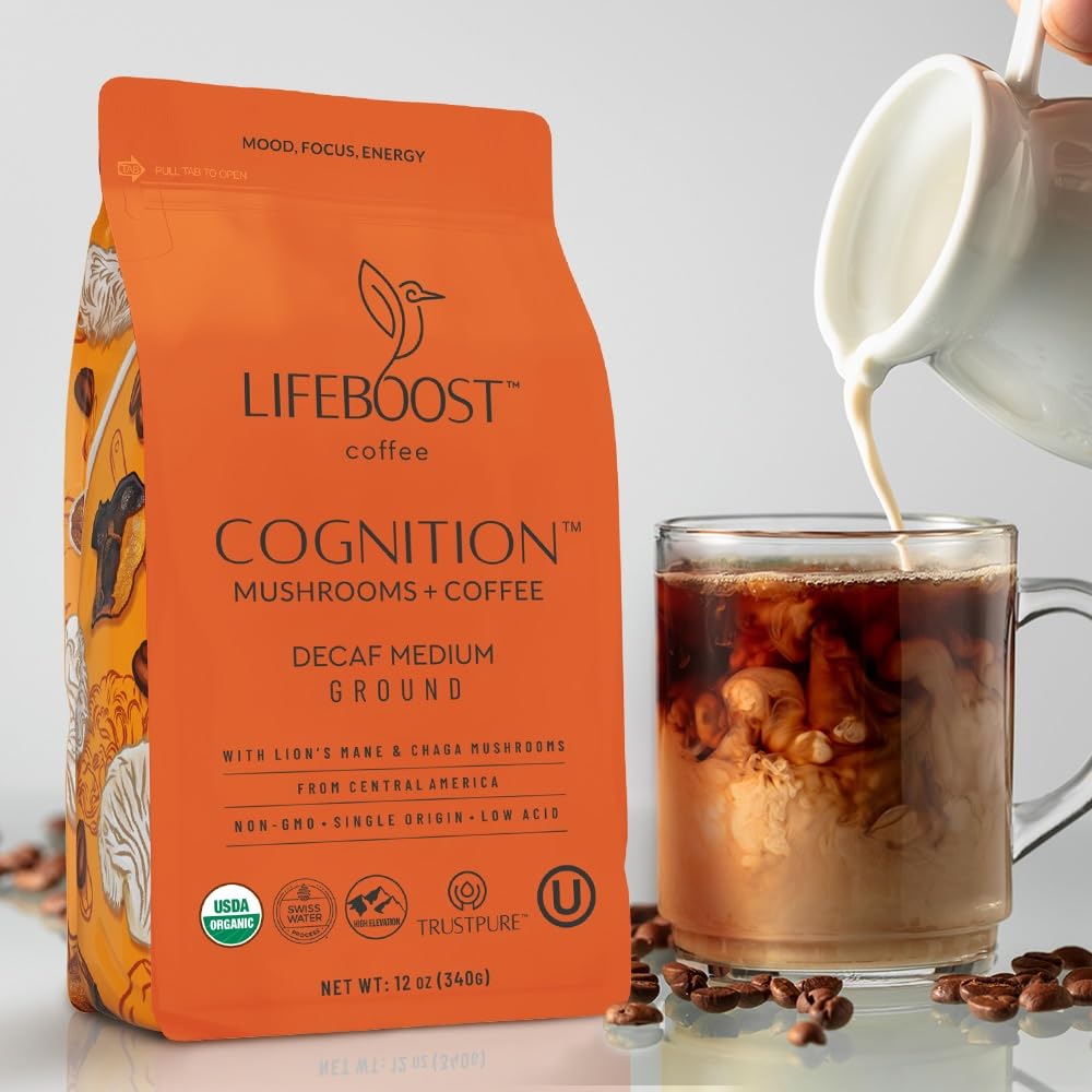 Lifeboost Cognition Adaptogenic Mushroom Coffee - Great Tasting Organic Lions Mane & Chaga Medium Roast Nootropic Coffee - Increase Energy, Boost Focus & Immune Support - 12 oz Bag - Ground