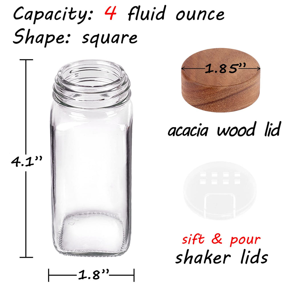 Churboro 24 Spice Jars with 547 Labels - Glass Spice Jars with Shaker Lids - 4 Oz Square Spice Containers with Acacia Wood Lids, Chalk Pen, Funnel- Seasoning Jars for Spice Rack, Cabinet, or Drawer