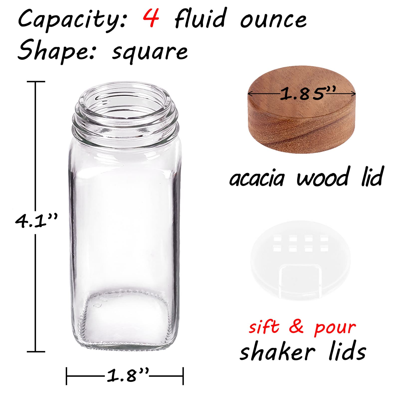 Churboro 24 Spice Jars with 547 Labels - Glass Spice Jars with Shaker Lids - 4 Oz Square Spice Containers with Acacia Wood Lids, Chalk Pen, Funnel- Seasoning Jars for Spice Rack, Cabinet, or Drawer