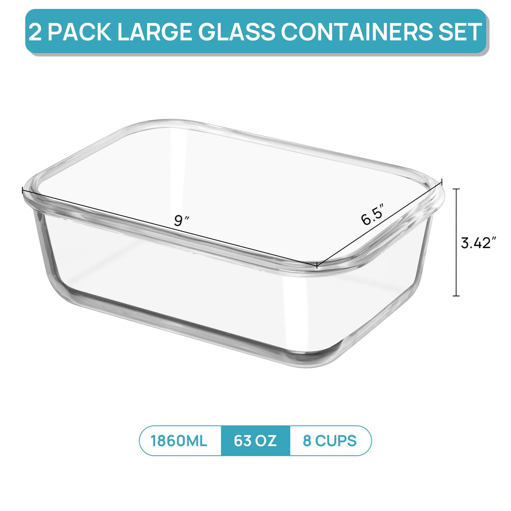 Vtopmart 2Pack 1860ml/63oz Large Glass Storage Containers with Lids, Meal Prep Food Container Set with Snap Airtight Lid for Baking, Microwave, Oven, Leak Proof, for Freezer, Dishwasher, Grey