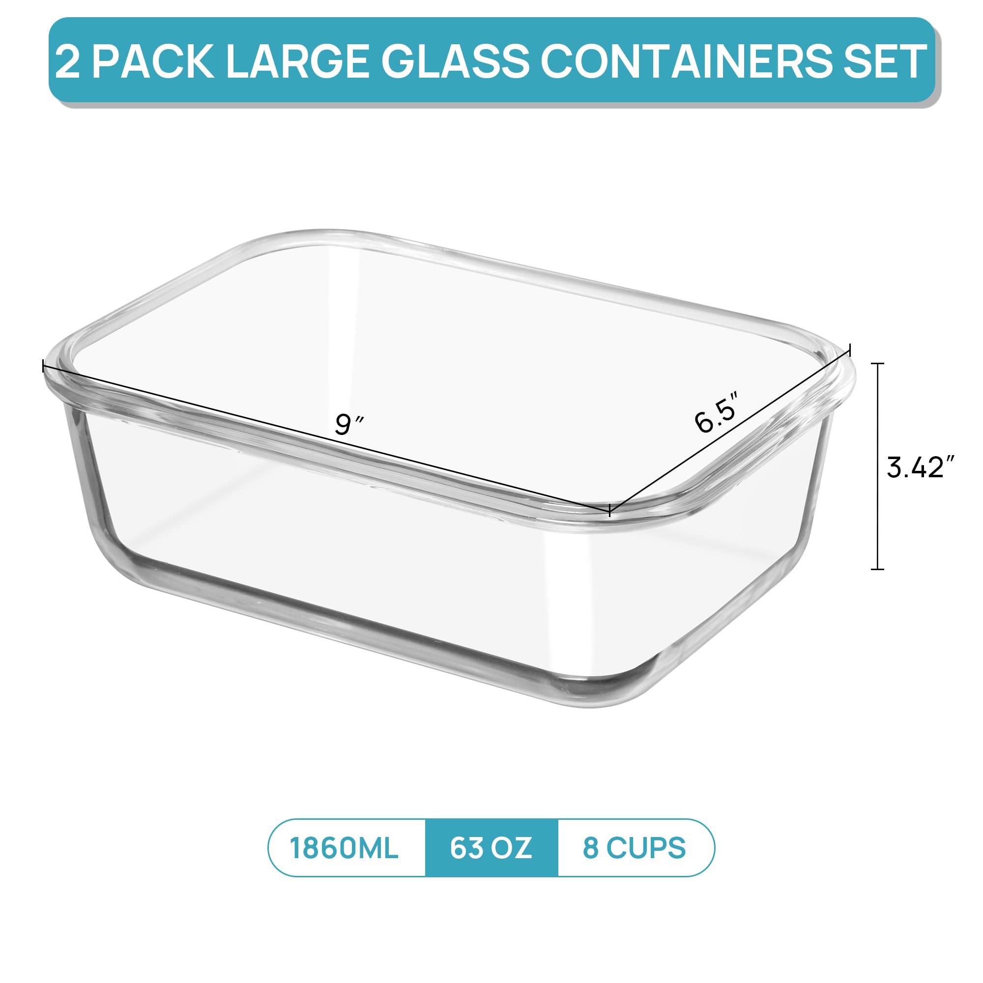 Vtopmart 2Pack 1860ml/63oz Large Glass Storage Containers with Lids, Meal Prep Food Container Set with Snap Airtight Lid for Baking, Microwave, Oven, Leak Proof, for Freezer, Dishwasher, Grey