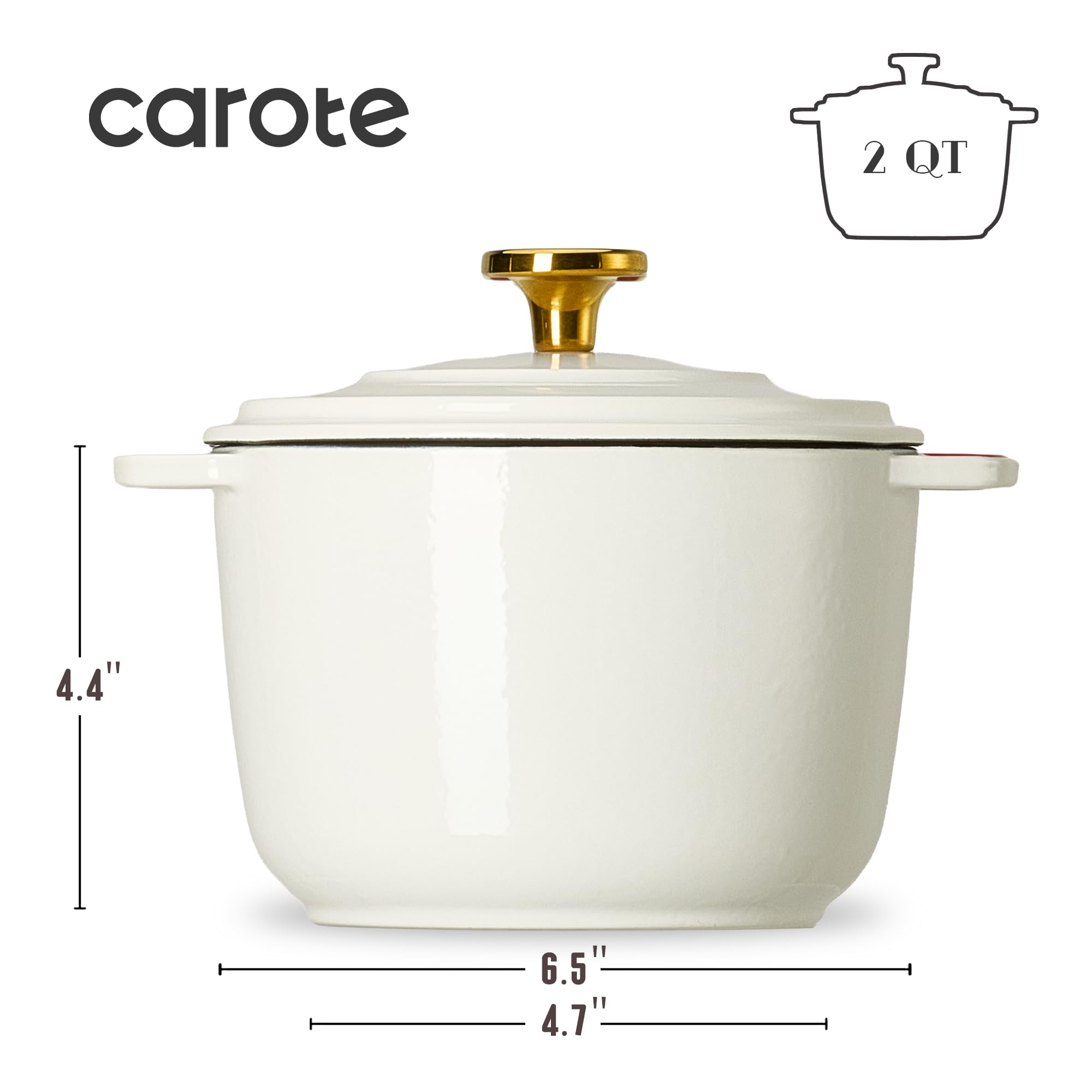 CAROTE 2QT Enameled Cast Iron Dutch Oven Pot with Lid, Mini Round Dutch Oven for Small Sourdough Bread, Stews, Soups, Sauces, Beans, Rice, Serves 1-2, Dual Handles, Healthy & Non-Toxic, All Stovetop Compatible, Oven Safe up to 500° F, White