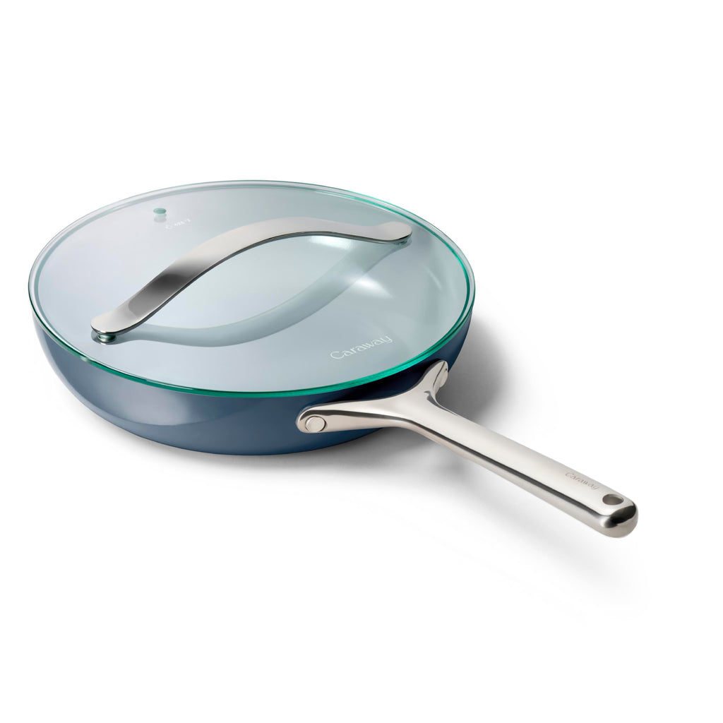 Caraway Nonstick Ceramic Frying Pan With Glass Lid (2.7 qt, 10.5") - Non Toxic, PTFE & PFOA Free - Oven Safe & Compatible with All Stovetops (Gas, Electric & Induction) - Cream