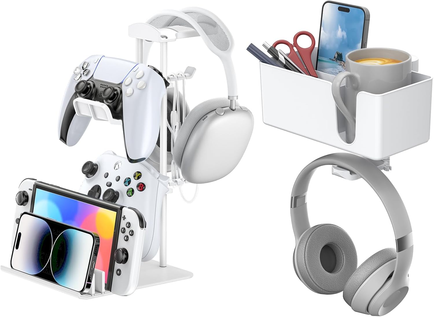 KDD Headphone Stand, Controller & Headset Holder & 4 in 1 Desk Cup Holder - Clamp on Under Desk Headphone Hanger