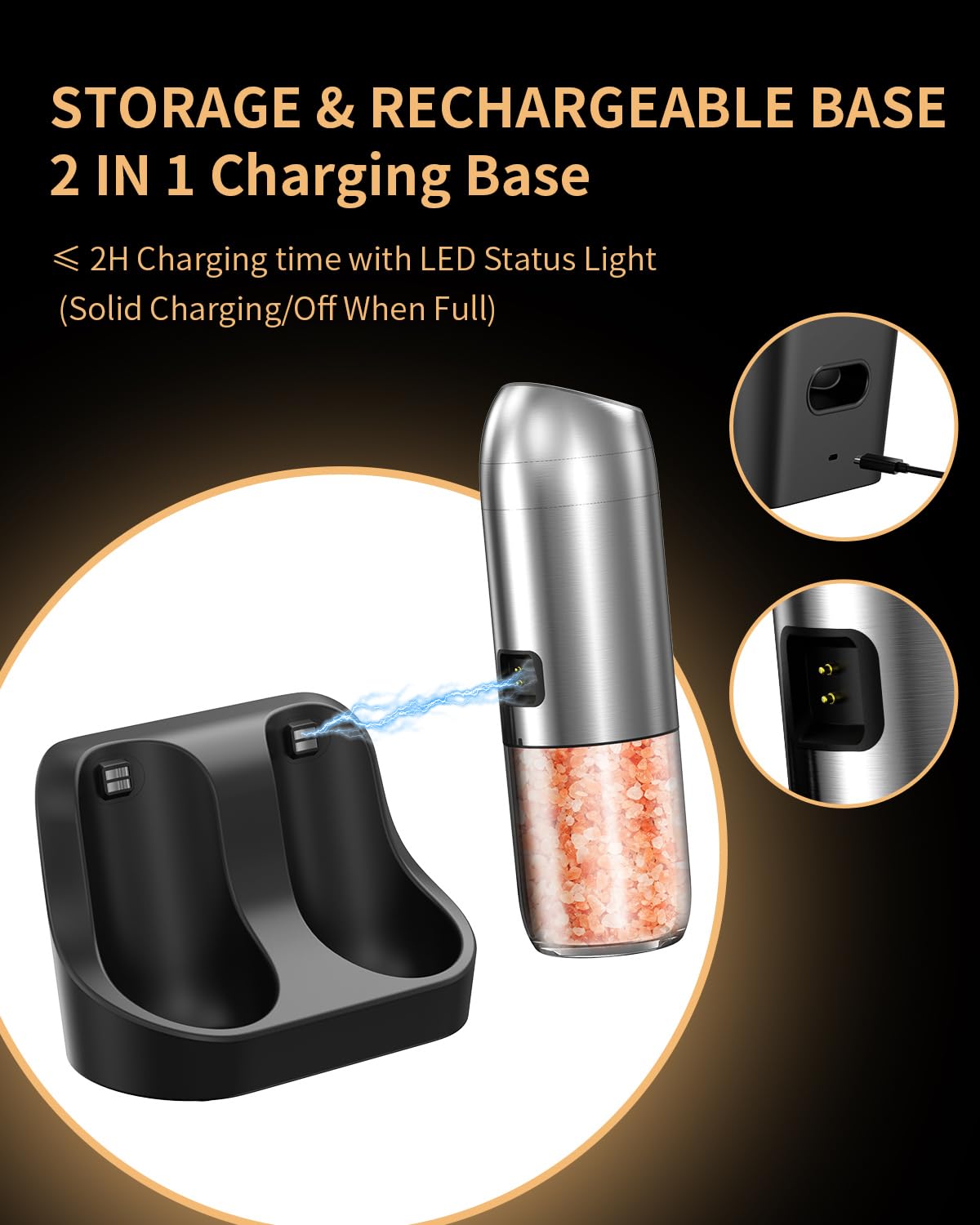 CIRCLE JOY Rechargeable Salt and Pepper Grinder Set Gravity Electric Salt and Pepper Grinder Set, LED Light, Adjustable Coarseness, for Home Kitchen BBQ, Black & White