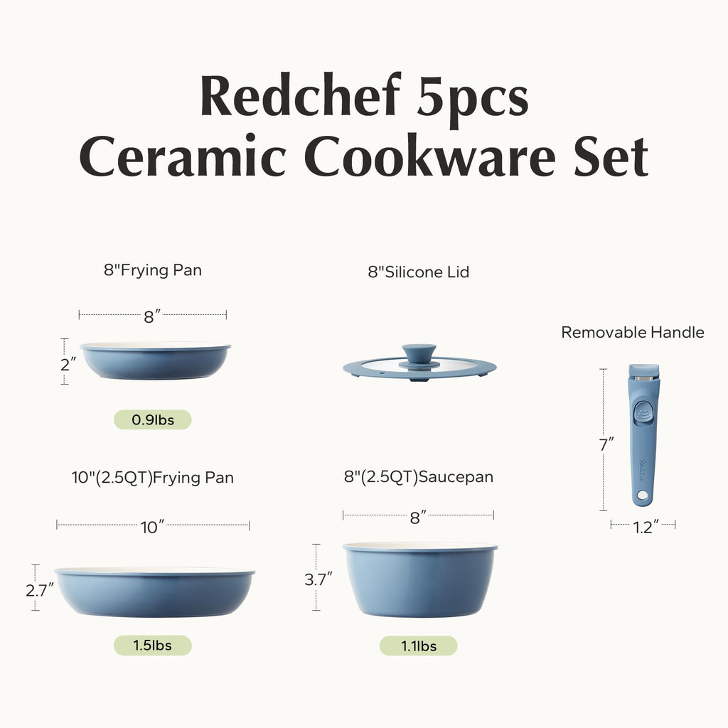 Redchef Ceramic Pots and Pans Set Non Stick, Nonstick Kitchen Cookware Sets, Non Toxic Pots and Pans Set Non Stick, PFAS PFOA & PTFE Free, Detachable Handle Pots and Pans 5 Piece, RV Cookware