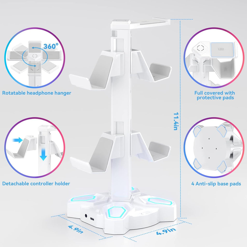 KDD Gaming RGB Headphones Stand, Rotatable Headset Stand with 9 Light Modes - Controller Holder with 2 USB Charging Ports and 3.5mm - Earphone Hanger Accessories for Desktop Gamer