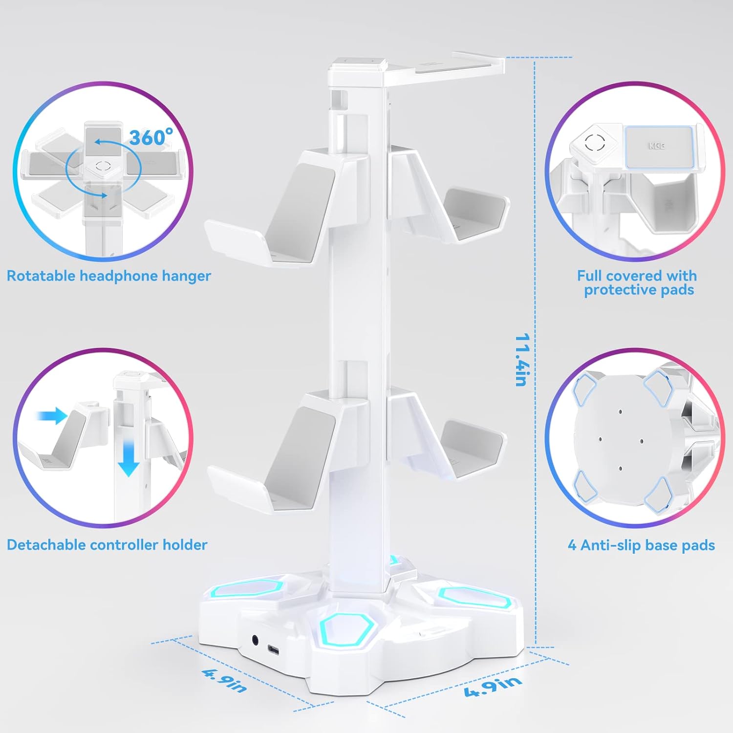 KDD Gaming RGB Headphones Stand, Rotatable Headset Stand with 9 Light Modes - Controller Holder with 2 USB Charging Ports and 3.5mm - Earphone Hanger Accessories for Desktop Gamer