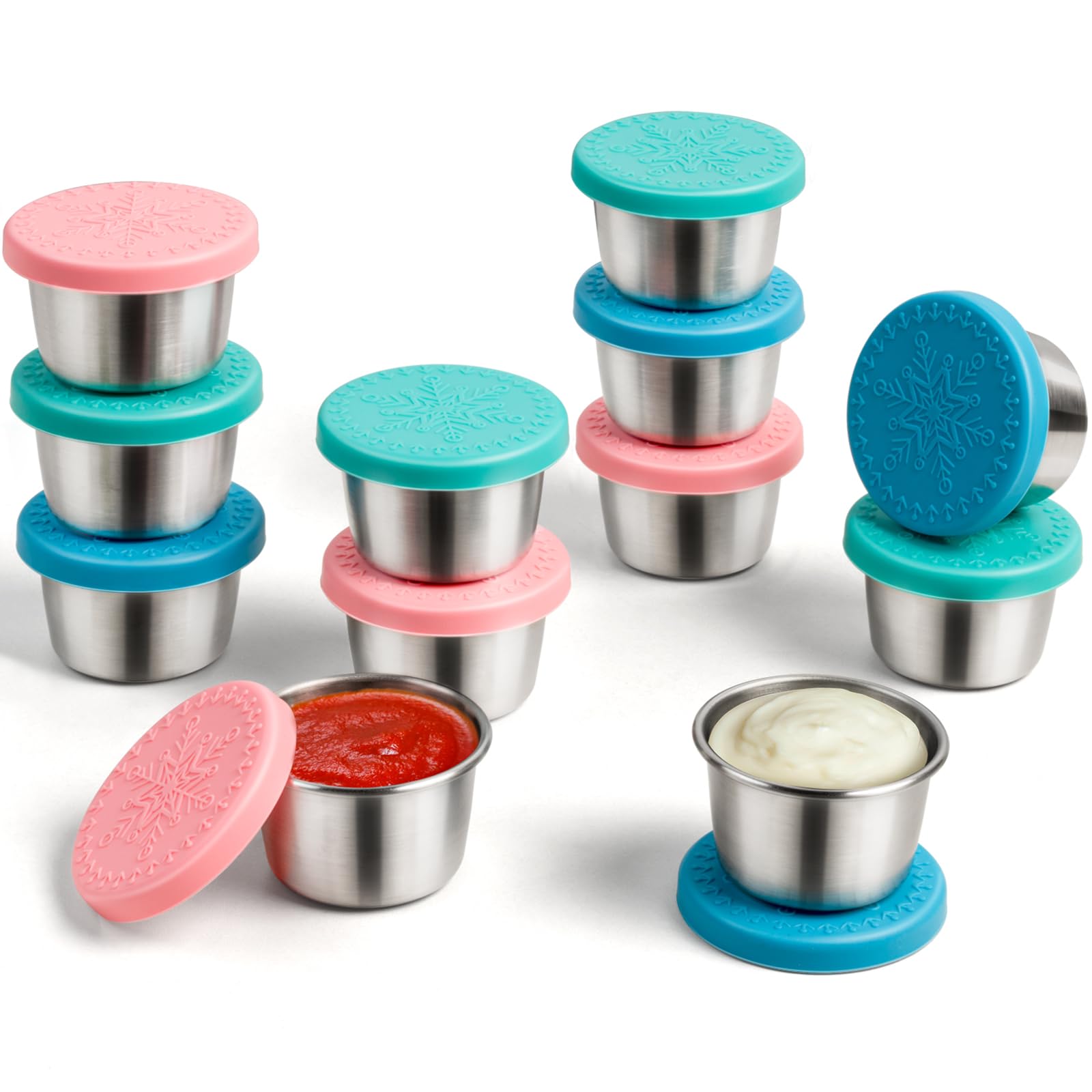 Freshmage [6 Pack 2.4oz] Stainless Steel Dressing Container with Silicone Lids, Reusable Leakproof Condiment Containers Small Sauce Container Sets