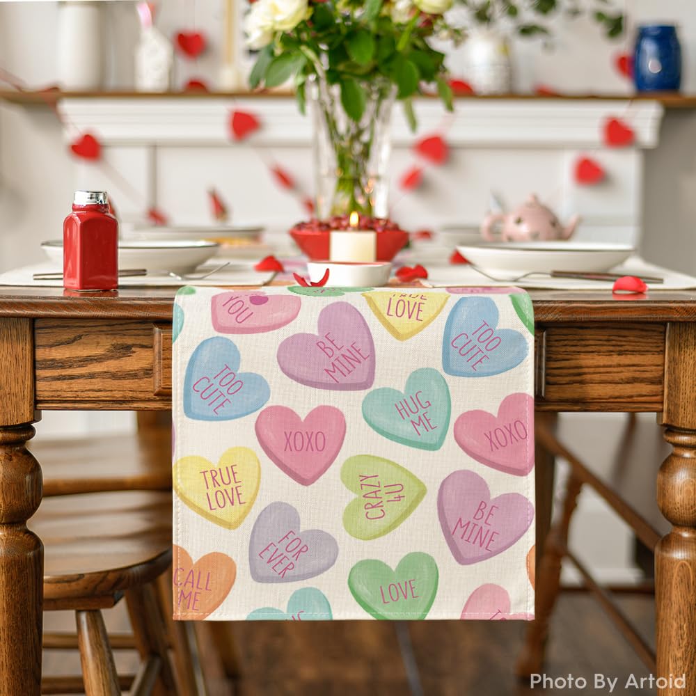 Artoid Mode Ture Love Heart Valentine's Day Table Runner, Seasonal Kitchen Dining Table Decoration for Home Party Decor 13x72 Inch