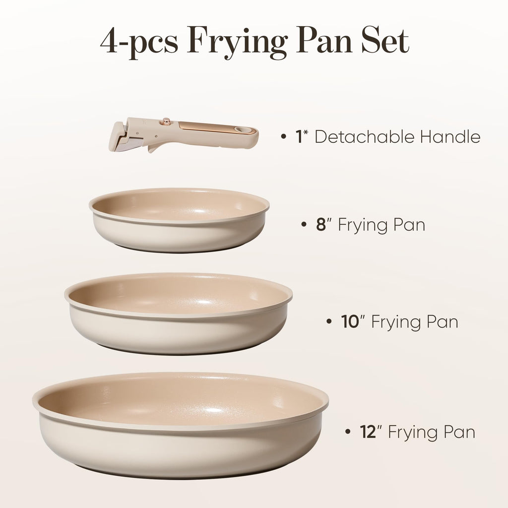 CAROTE 4pcs Ceramic Frying Pans Titanium Non Stick, 8"+10"+12” Frying Pan Egg Pan Omelet Pans with Detachable Handle, Nonstick Cookware, PFOA Free, Induction Compatible & Oven Safe, Dishwasher Safe