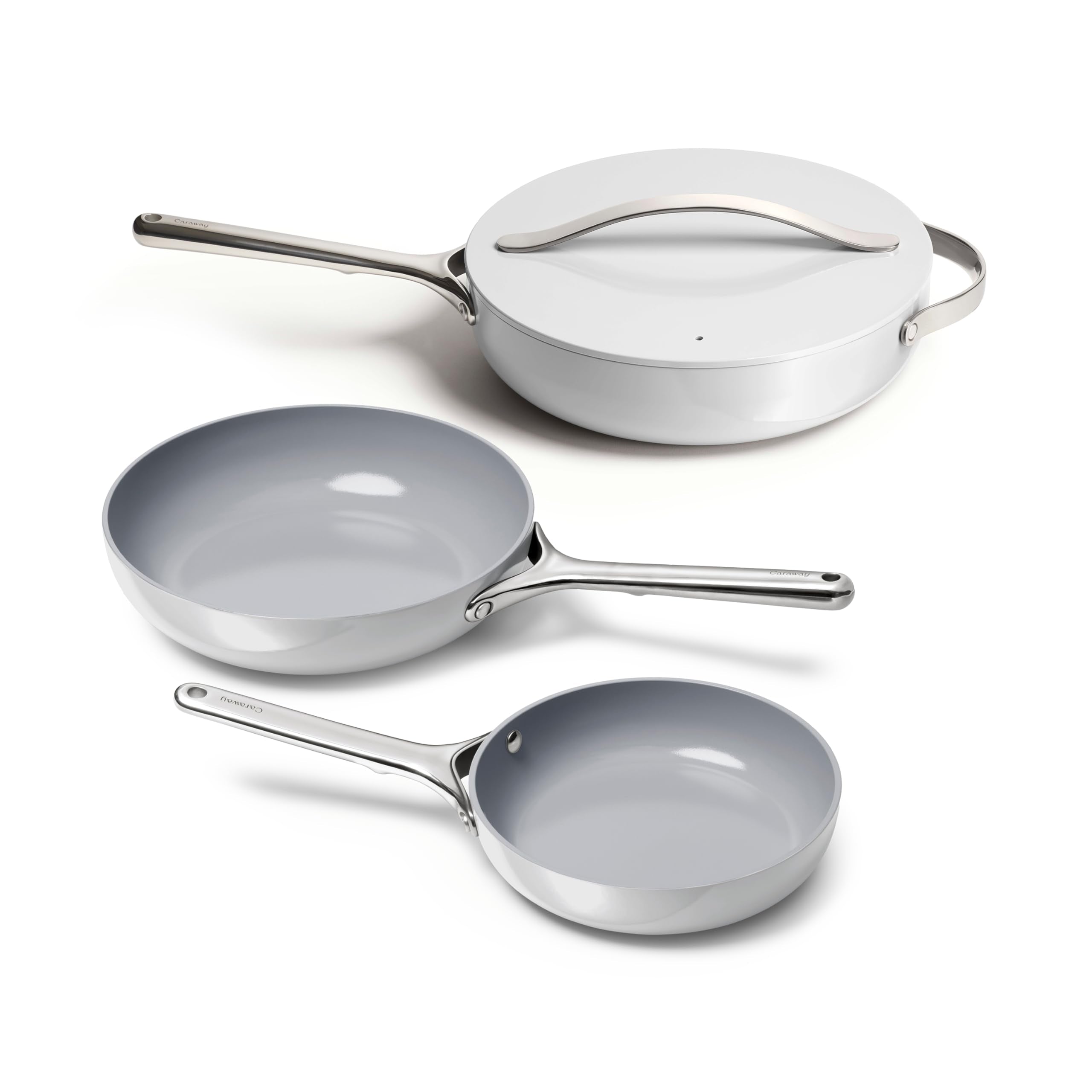 Caraway 4-Piece Fry Pan Set - Non-Stick Frying Pans (10.5” & 8”) & Non-Stick Sauté Pan - Non Toxic, PTFE & PFOA Free - Oven Safe & Compatible with All Stovetops (Gas, Electric & Induction) - Cream