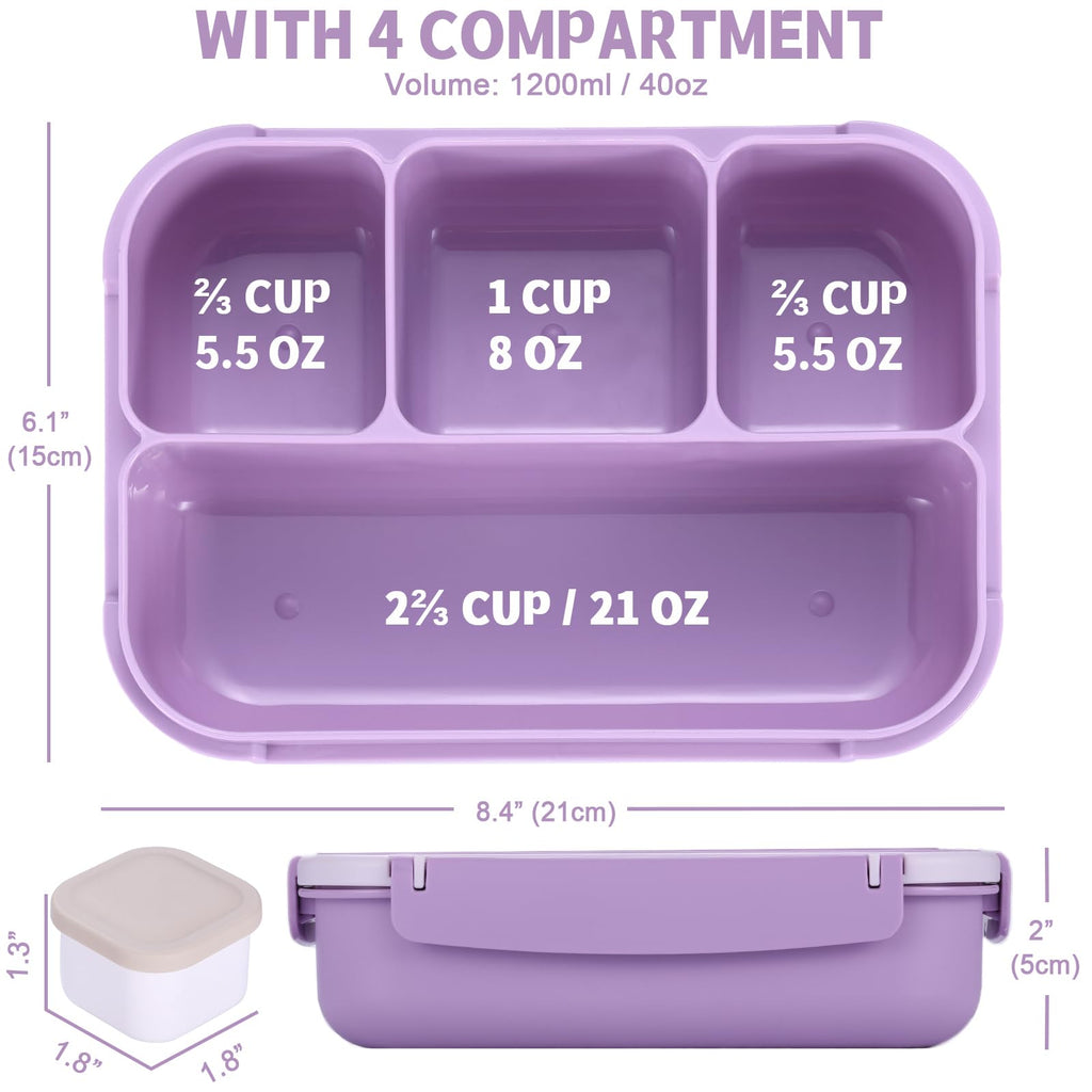 Bento Box Adult Lunch Box, Containers for Adults Men Women with 4 Compartments, Lunchable Food Container with Utensils, Sauce Jar, Muffin Liners, 40 Oz/5 Cup, Microwave & Dishwasher Safe, Brown