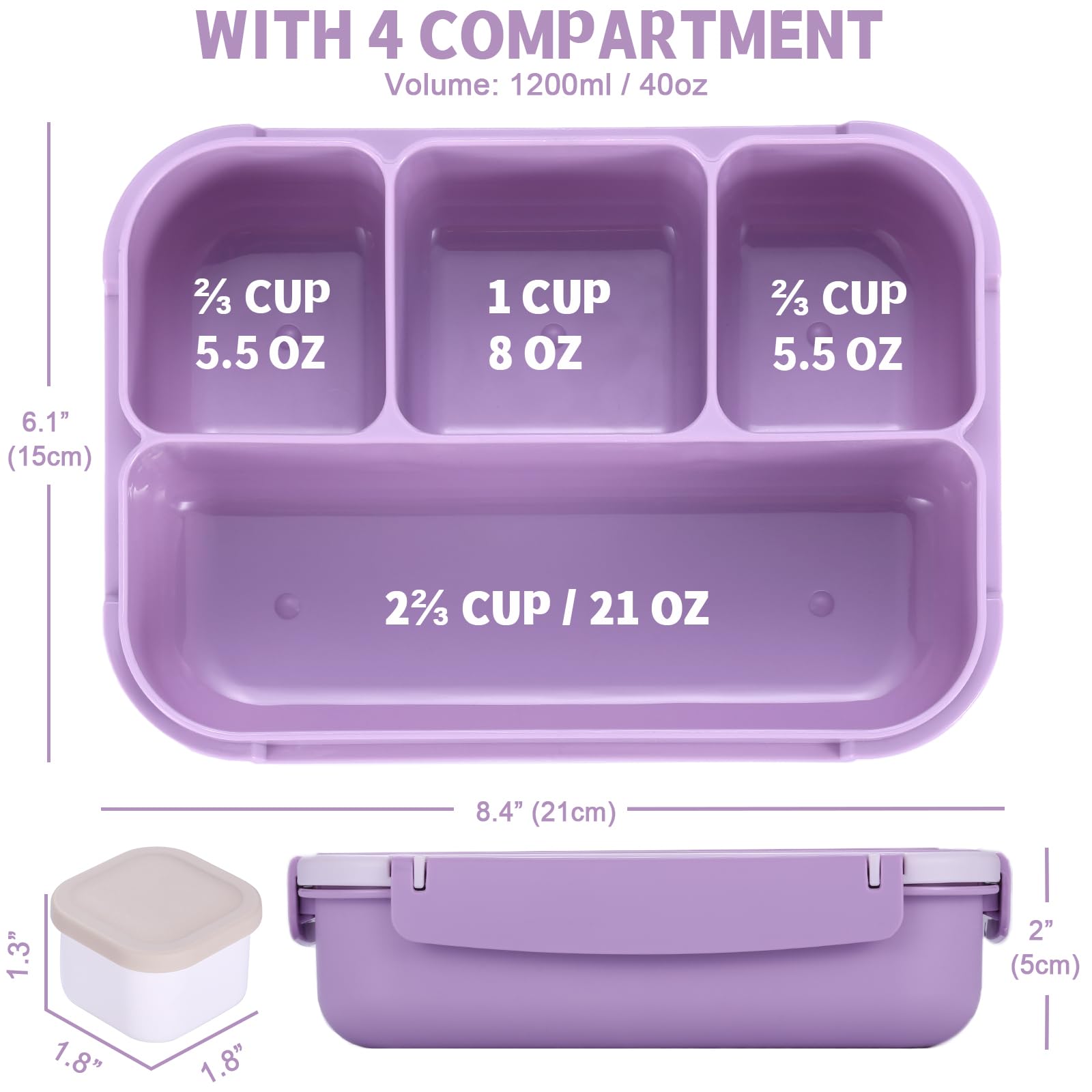 Bento Box Adult Lunch Box, Containers for Adults Men Women with 4 Compartments, Lunchable Food Container with Utensils, Sauce Jar, Muffin Liners, 40 Oz/5 Cup, Microwave & Dishwasher Safe, Brown