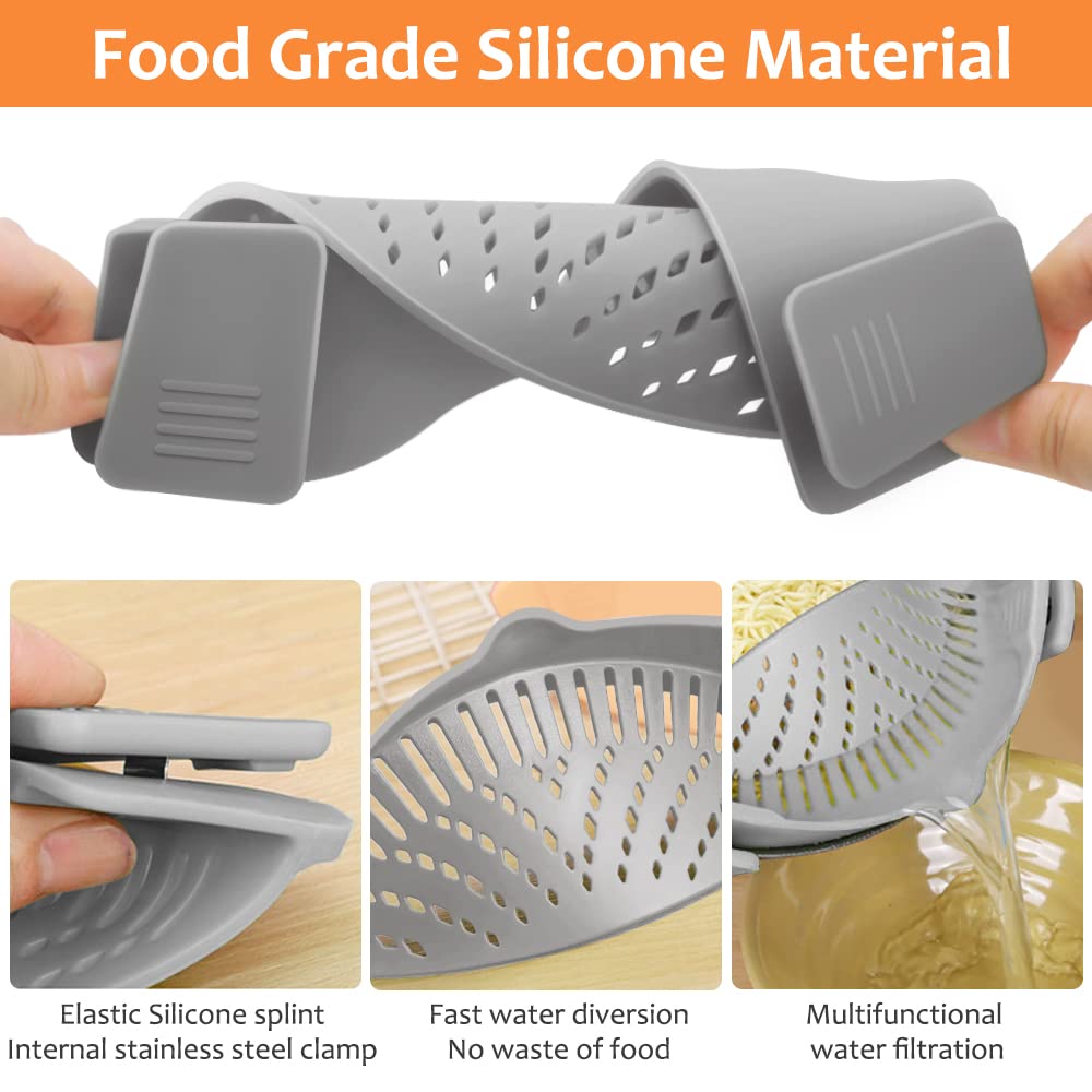 YEVIOR Clip on Strainer for Pots Pan Pasta,Silicone Food Pan Strainer | Food-grade BPA-free,Kitchen Food Strainer for Spaghetti, Pasta,Vegetable Fruits Fits All Bowls and Pots (Green)