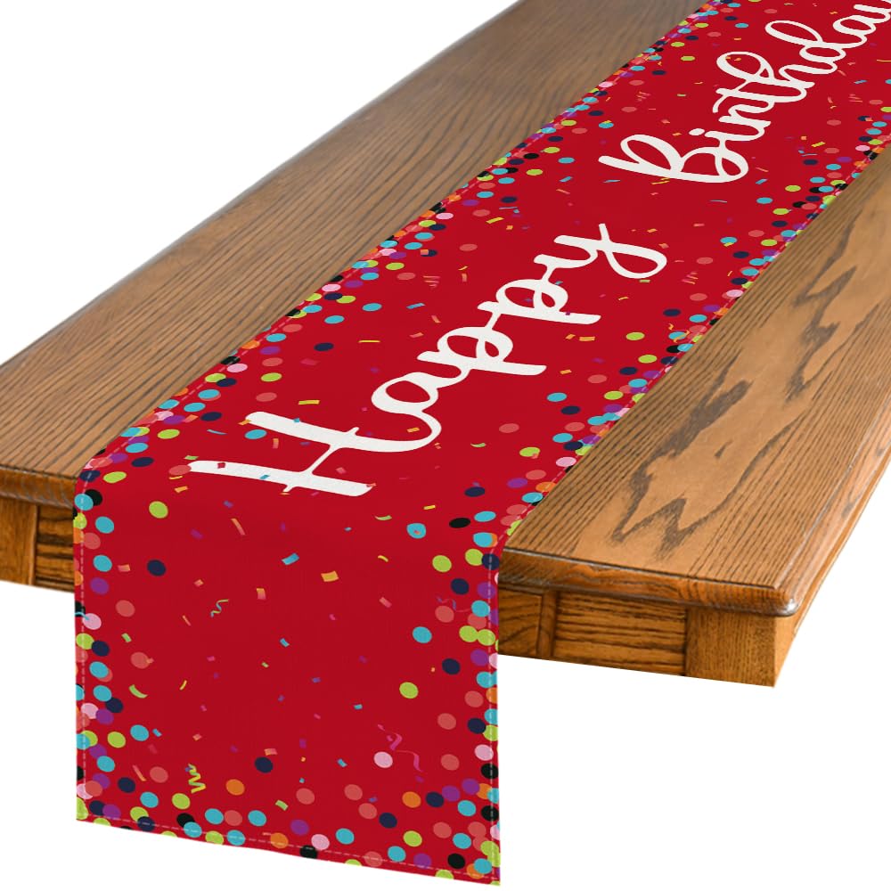 Artoid Mode Polka Dot Beige Happy Birthday Table Runner, Seasonal Kitchen Dining Table Decoration for Home Party Decor 13x72 Inch