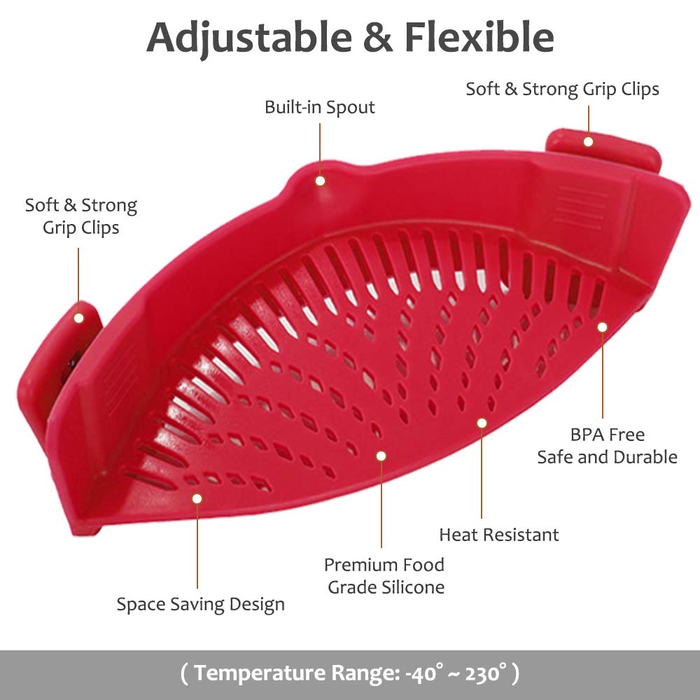 YEVIOR Clip on Strainer for Pots Pan Pasta,Silicone Food Pan Strainer | Food-grade BPA-free,Kitchen Food Strainer for Spaghetti, Pasta,Vegetable Fruits Fits All Bowls and Pots (Green)