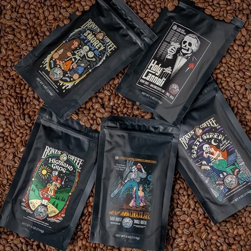Bones Coffee Company NEW Favorite Flavors Sample Pack, Assorted Flavored Coffee Low Acid Medium Roast Arabica Beans Specialty Coffee Gifts, Auto Drip and French Press Compatible, 4 oz Pack of 5 Ground