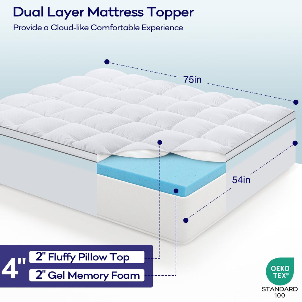 OLANLY Dual-Layer 4 Inch Queen Size Memory Foam Mattress Topper for Back Pain, 2 Inch Cooling Pillow Top Mattress Pad Cover and 2 Inch Gel Memory Foam Topper, Deep Elastic Pocket, Grey