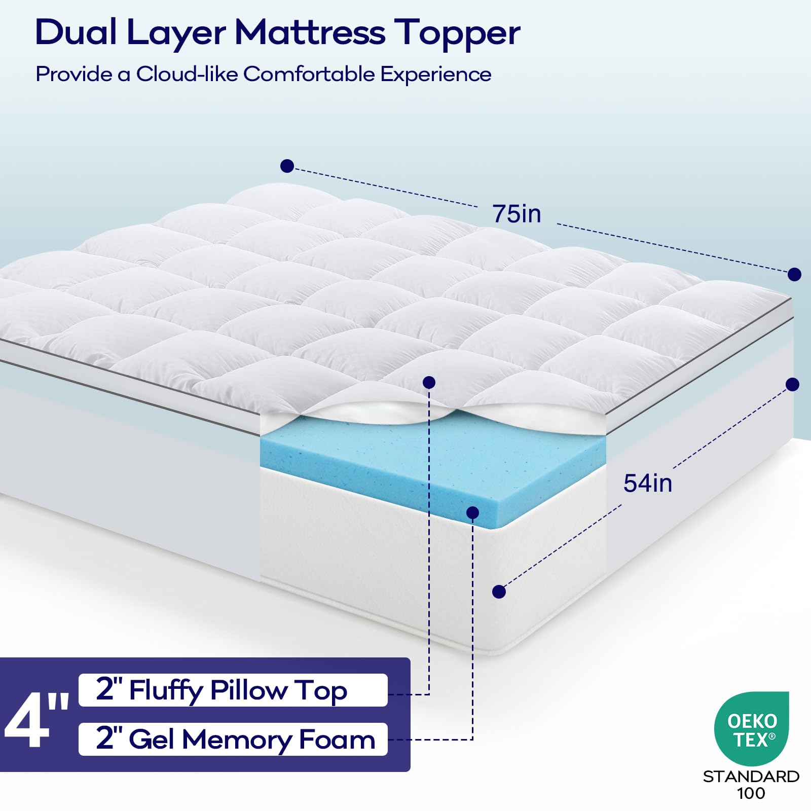 OLANLY Dual-Layer 4 Inch Queen Size Memory Foam Mattress Topper for Back Pain, 2 Inch Cooling Pillow Top Mattress Pad Cover and 2 Inch Gel Memory Foam Topper, Deep Elastic Pocket, Grey