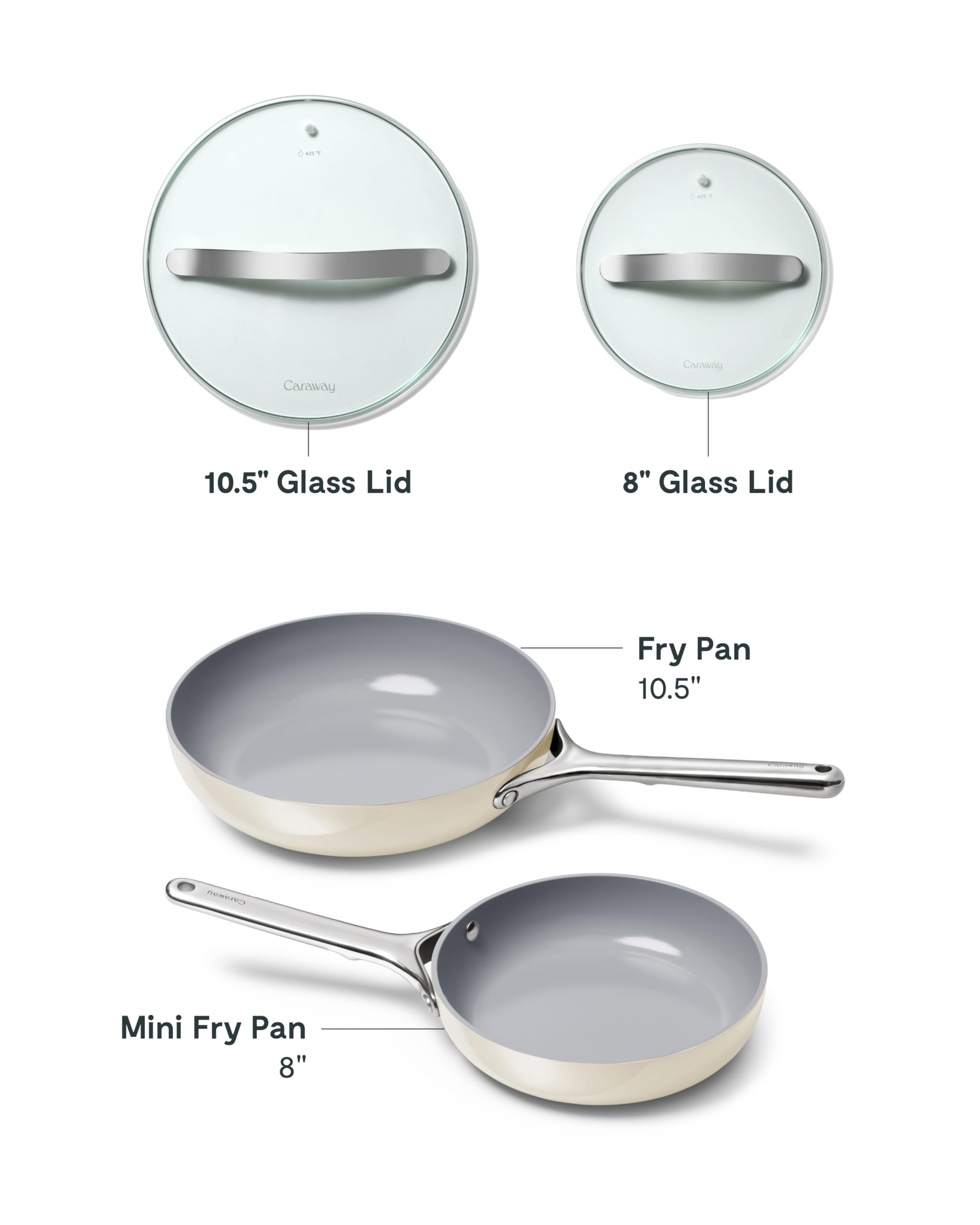 Caraway Nonstick Ceramic Frying Pan With Glass Lid (2.7 qt, 10.5") - Non Toxic, PTFE & PFOA Free - Oven Safe & Compatible with All Stovetops (Gas, Electric & Induction) - Cream