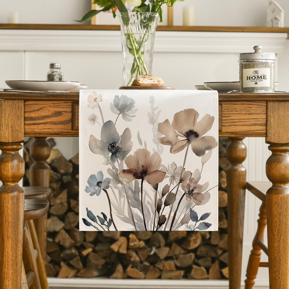 Artoid Mode Brown Poppy Floral Leaves Spring Table Runner, Seasonal Summer Kitchen Dining Table Decoration for Home Party Decor 13x72 Inch