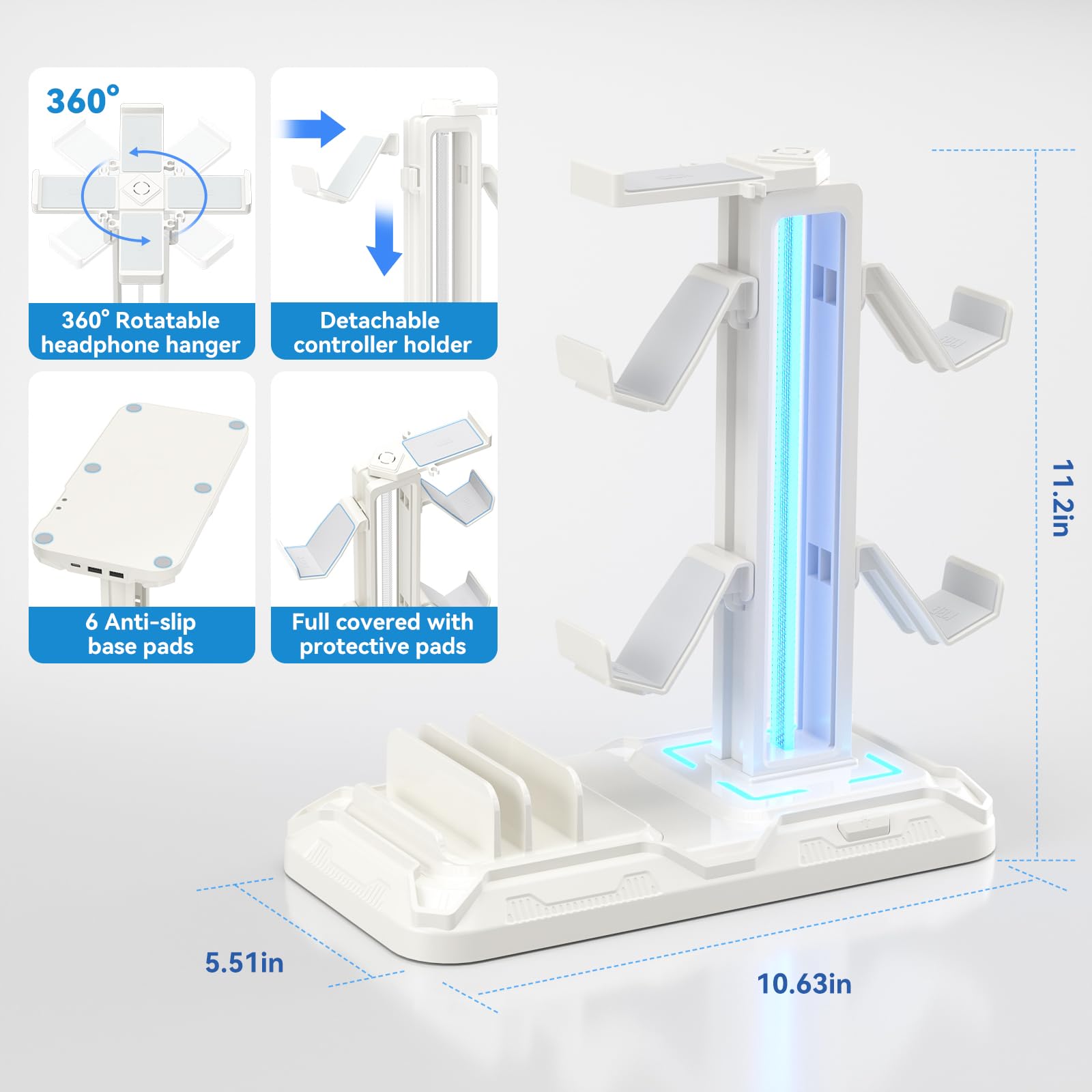 KDD Headset Stand with Charging Station - Detachable Controller Holder with 9 Light Modes - Rotatable Headphone Hanger with USB A&C Charger Ports - Earphone Hook for PC Gaming Accessories Storage