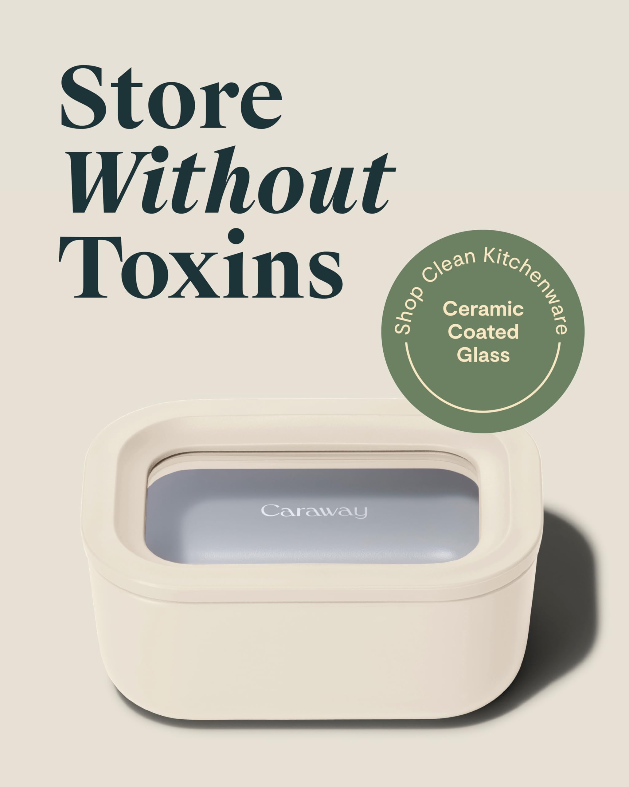 Caraway Glass Food Storage - 6.6 Cup Glass Container - Ceramic Coated Food Container - Non Stick Lunch Box Container with Lids - Dishwasher, Oven, & Microwave Safe - Cream
