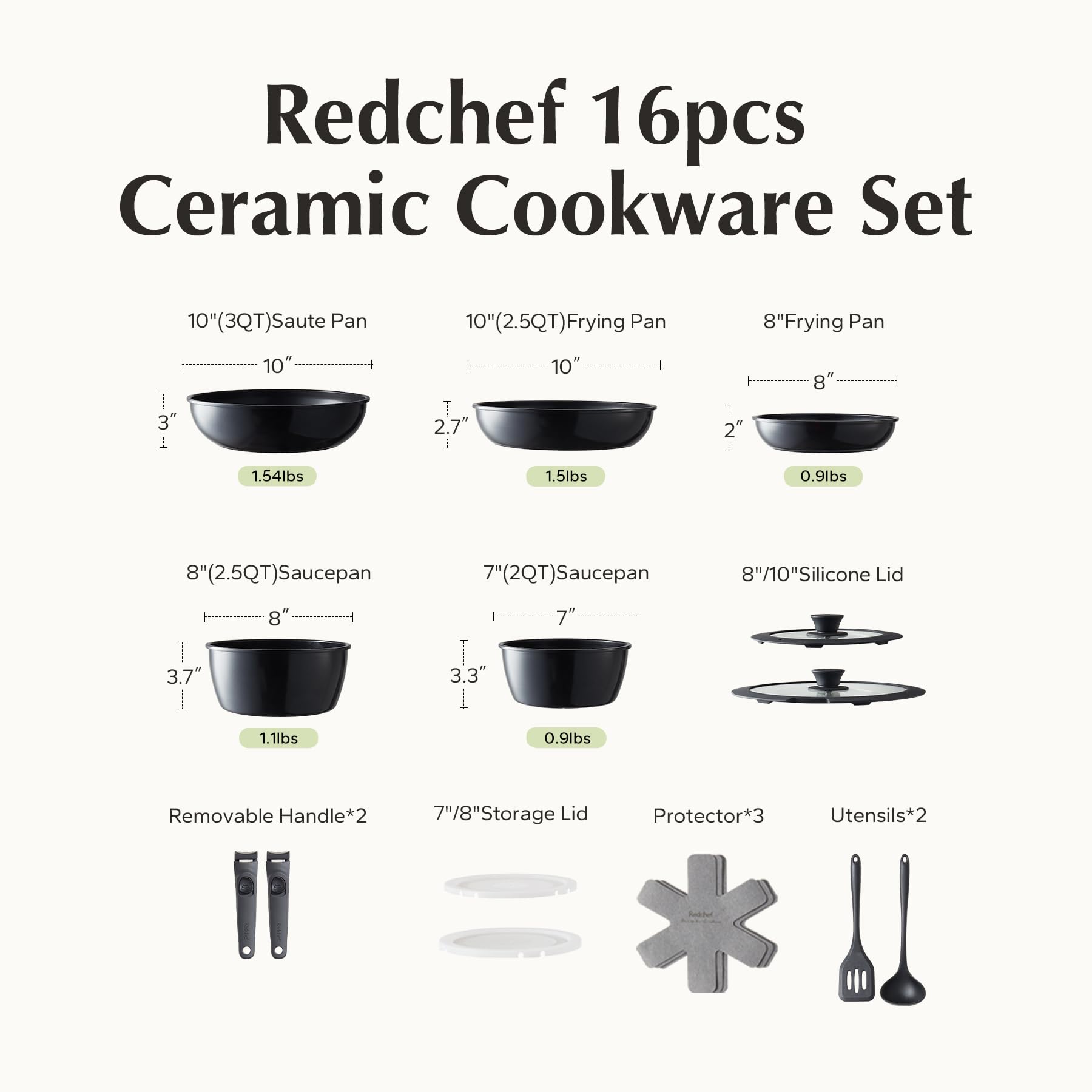 Redchef Ceramic Pots and Pans Set, Nonstick Kitchen Cookware Set with Detachable Handle, Non Toxic Cookware Set 16pcs, PFAS PFOA & PTFE Free, RV Ceramic Cookware for Camping, Dishwasher/Oven Safe