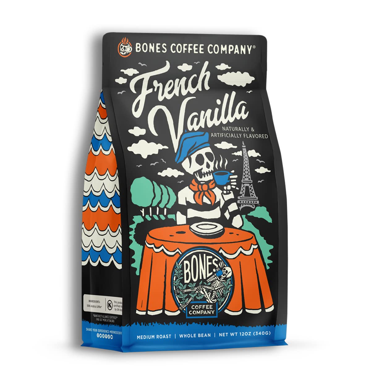 Bones Coffee Company Cinnamon Roll Flavored Coffee, Medium Roast Low Acid Arabica Beans Compatible with Auto drip and French Press Coffee Maker, 12 Oz Whole Bean