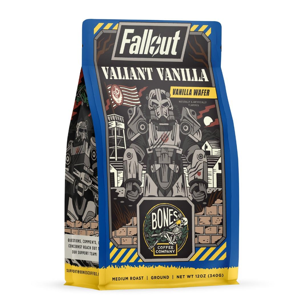 Bones Coffee Company Fallout Rocky Route 66, Rocky Road Flavored Coffee, Medium Roast Low Acid Arabica Beans Compatible with Auto drip and French Press Coffee Maker, 12 Oz Ground