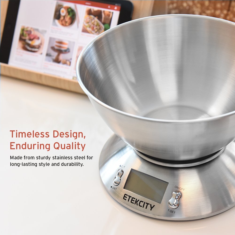 Etekcity 0.1g Food Kitchen Scale, Bowl, Digital Grams and Ounces for Weight Loss, Dieting, Baking, Cooking, and Meal Prep, 11lb/5kg, Stainless Steel Silver