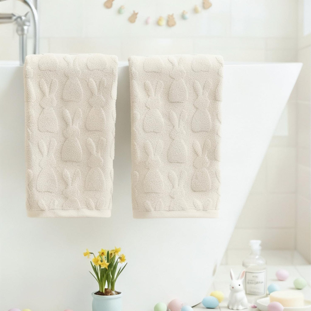 Artoid Mode 2 Pcs Beige 3D Rabbit Jacquard Easter Hand Towels for Bathroom, 100% Cotton Soft Absorbent Bathroom Decor Towels, 13.7 x 29.5 Inch
